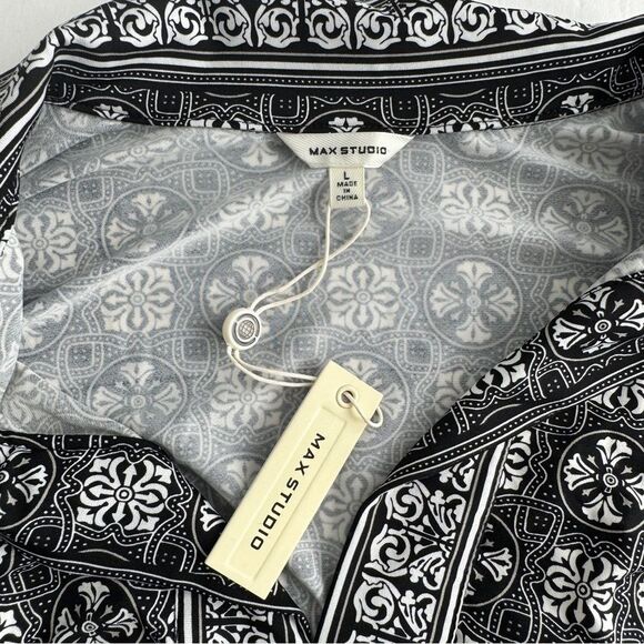 Max Studio Geometric Black White Tie Waist Dress Size Large NWT - Picture 3 of 6